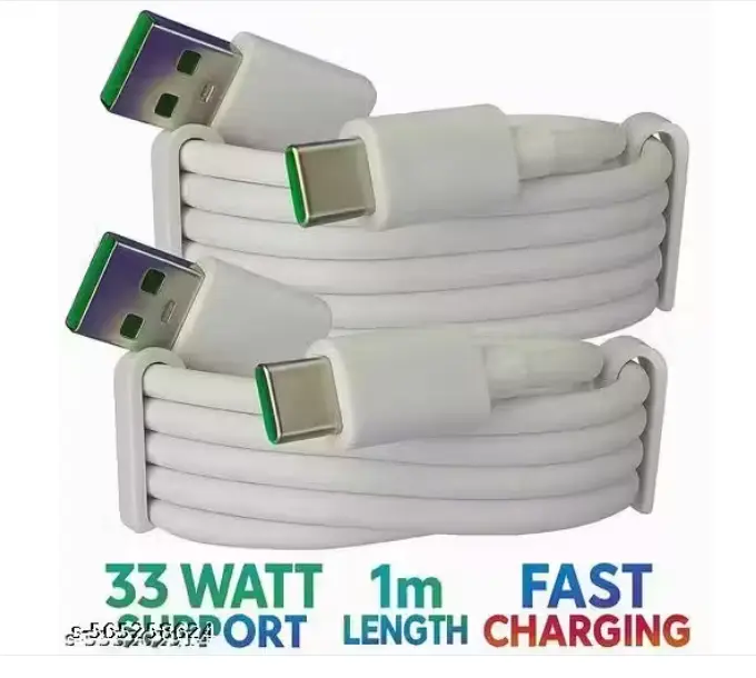 Type C Fast Charging Cable Pack of 2 | 1 Meter | 33W USB A to Type C Charger Cable | White | Data Transfer Supported